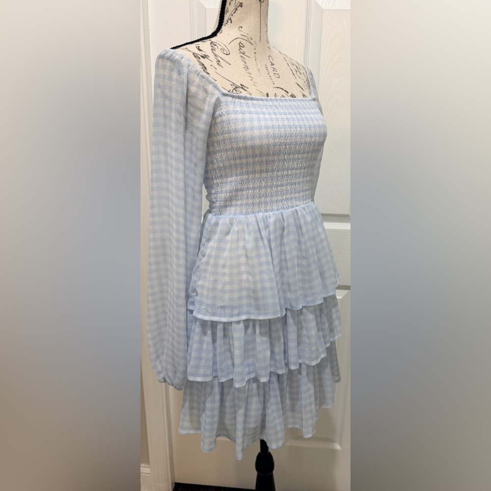 Madden NYC Light Blue Checkered Mini Dress – Wear On or Off Shoulder 💙 - Picture 4 of 8